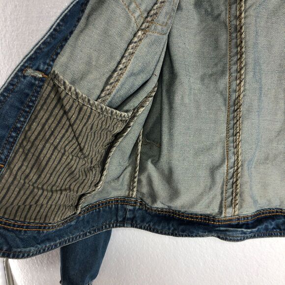 White Crow Distressed Denim Jean Jacket Fade Stars Stripes Womens Size M Boho - Picture 12 of 13